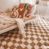 Kids room scene with a white metal bed frame and the Kieu Mustard & Ivory Checkered Area Rug. Roomscene-Rectangle