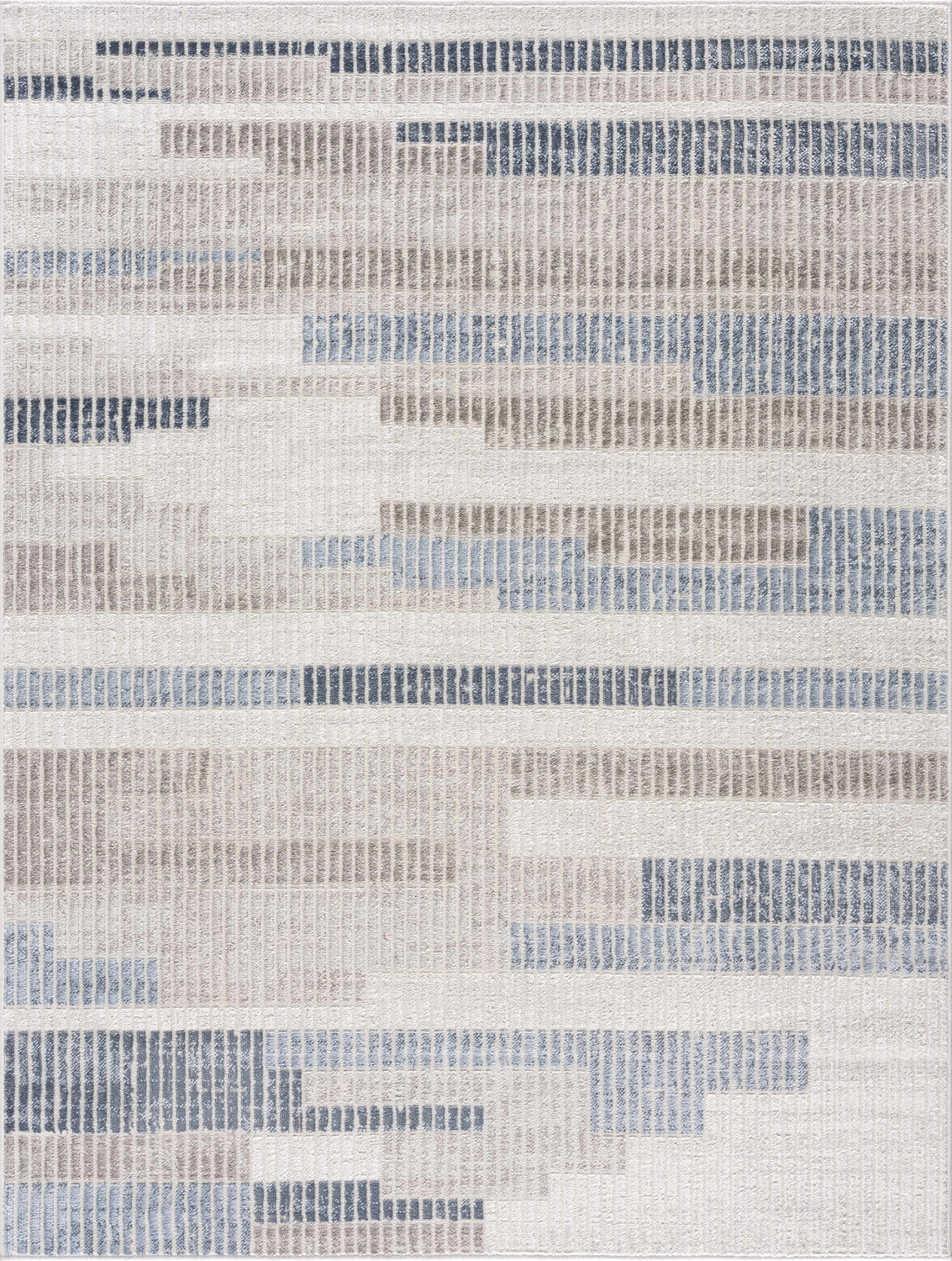 Close-up of Brisa Area Rug showing a modern abstract pattern in blue, gray, and white. Design-Rectangle-46