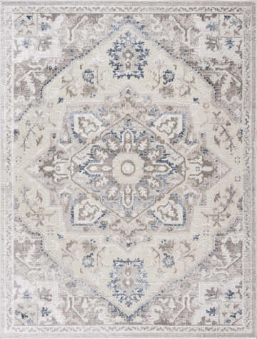 Detailed view of the Bakir Area Rug, showcasing its traditional blue and gray floral medallion pattern. Design-Rectangle-46