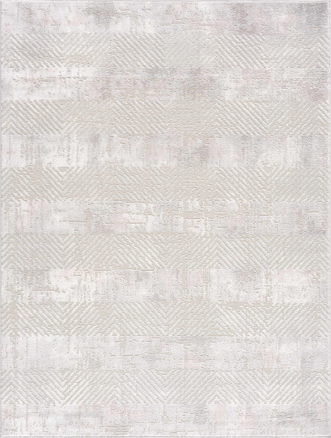 Close-up of the Bucky Area Rug. Gray and pink rug with a contemporary geometric pattern and distressed texture. Design-Rectangle-46