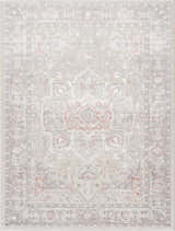 Close-up of the Damla Area Rug. Gray and pink vintage style rug with a traditional, ornate pattern. Design-Rectangle-46