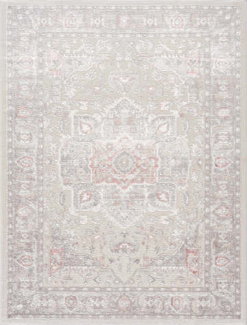 Close-up of the Damla Area Rug. Gray and pink vintage style rug with a traditional, ornate pattern. Design-Rectangle-46