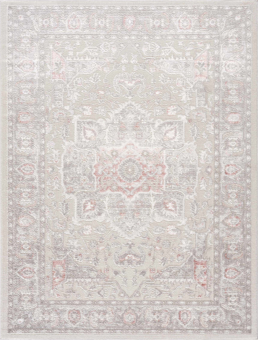Close-up of the Damla Area Rug. Gray and pink vintage style rug with a traditional, ornate pattern. Design-Rectangle-46