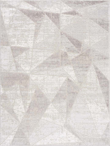 Close-up of the Basia Area Rug with a modern geometric pattern in gray and light gray tones. Design-Rectangle-46