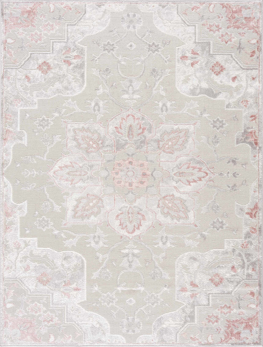Close-up of the Calum Pink Floral Thick Area Rug, featuring a traditional oriental design in gray, pink, and ivory. Design-Rectangle-46