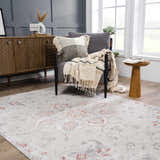 Living room scene with gray walls, wood furniture, and Calum Pink Floral Thick Area Rug. Roomscene-Rectangle