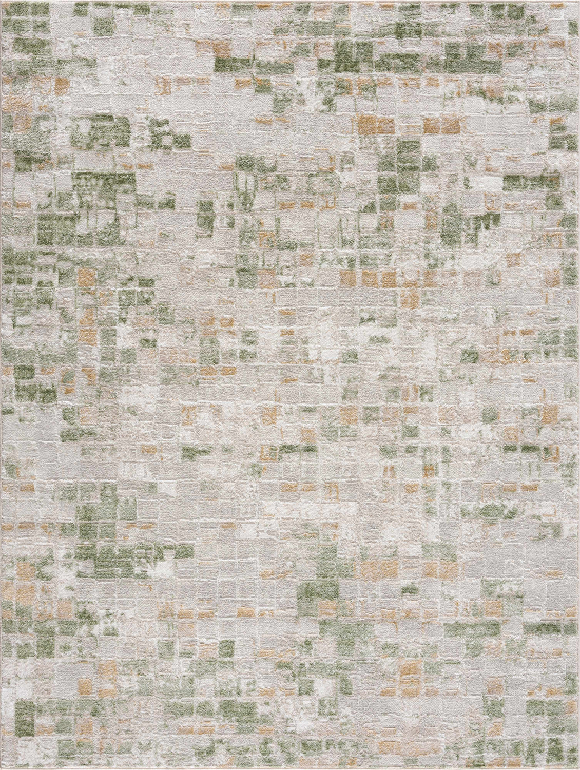 Close-up of the Liveri Green Mosaic Rug. Abstract design with green, gold, and ivory hues. Machine woven texture. Design-Rectangle