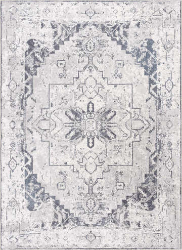 Detailed close-up of the Hera Ivory Boutique Washable Rug with a traditional navy and ivory distressed pattern. Design-Rectangle-5373