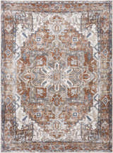 Close-up of the Rust Hera Washable Area Rug, featuring a traditional, vintage design in rust, navy, and off-white hues. Design-Rectangle-5373
