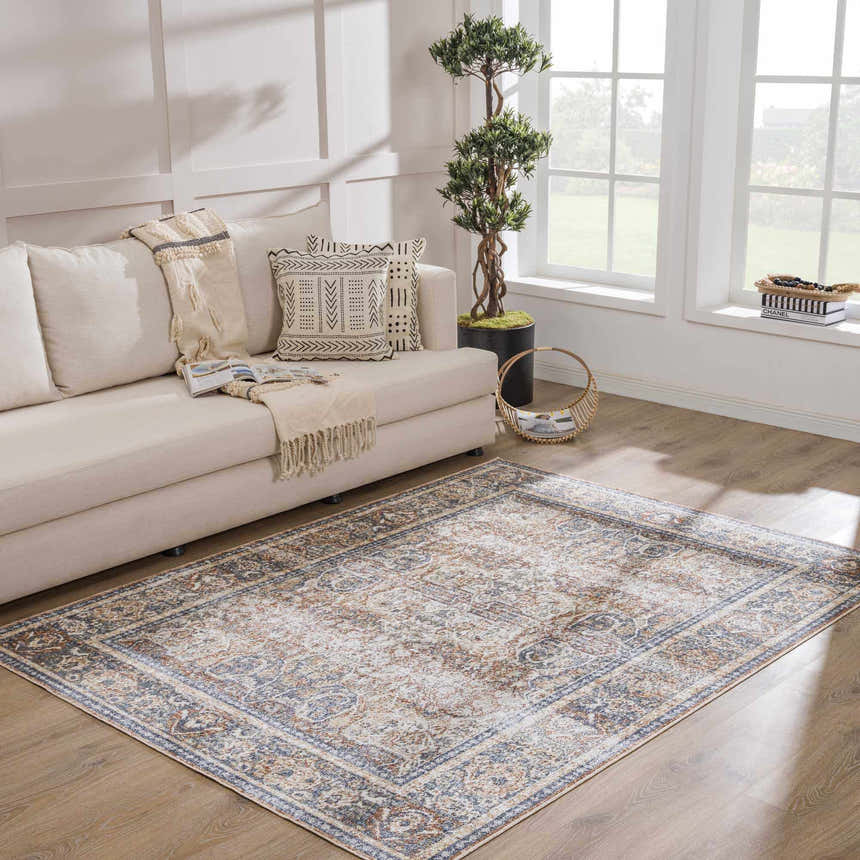 Living room scene with a beige sofa and the Arias Blue Boutique Washable Rug in faded driftwood color. Roomscene-Rectangle