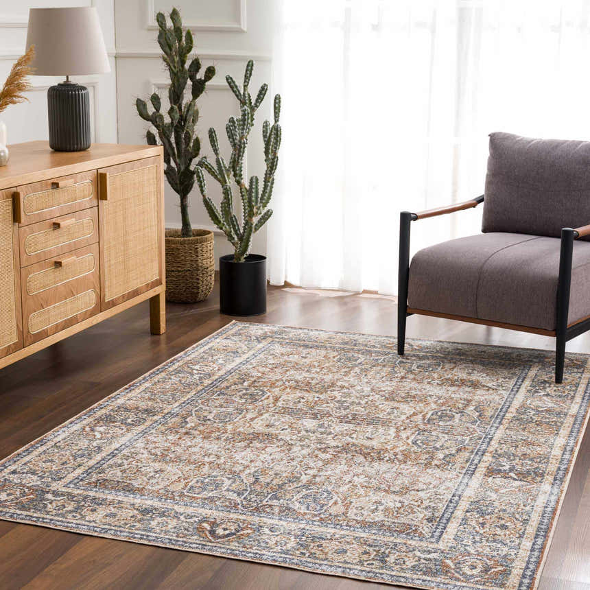 Living room scene with the Arias Blue Boutique Washable Rug, wood cabinet, gray chair, and cacti. Farmhouse style. Roomscene-Rectangle