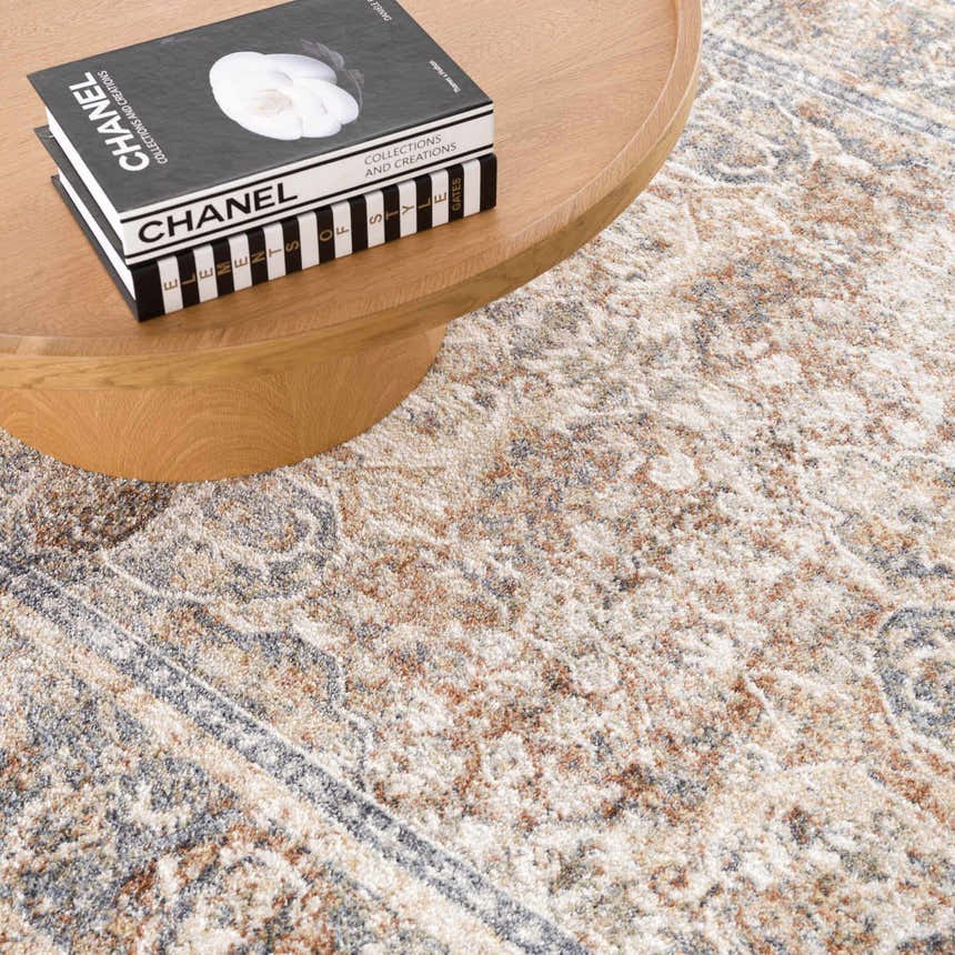 Close-up of the Arias Blue Boutique Washable Rug, showcasing its faded driftwood, nutmeg, and gray traditional pattern. Styleshot