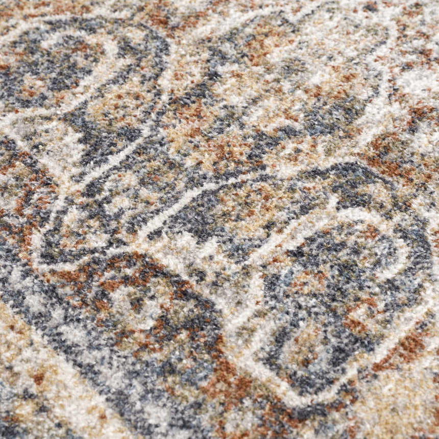 Close-up of the Arias Blue Boutique Washable Rug showing its faded driftwood, nutmeg, and dark gray oriental pattern. Texture