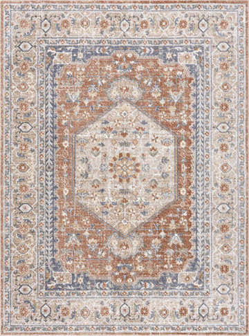 Detailed view of the Gael Rust Boutique Washable Rug with brown, dark orange, and dark red vintage-style patterns. Design-Rectangle-5373