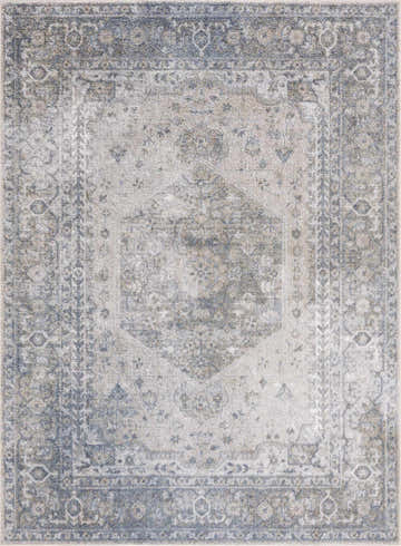Close-up of the Gael Blue Boutique Washable Rug featuring a traditional, vintage pattern in beige, blue, and tan tones. Design-Rectangle-5373