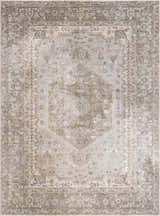 Close-up of Gael Boutique Washable Rug. Traditional rug in light blue, olive, and tan with vintage-style medallion pattern. Design-Rectangle-5373