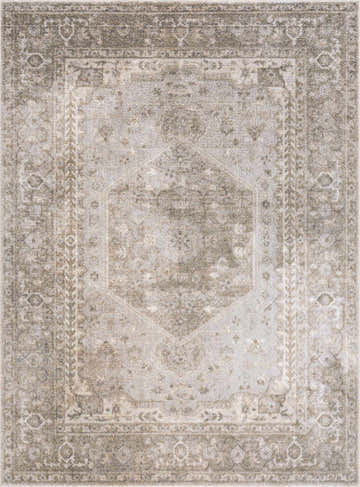 Close-up of Gael Boutique Washable Rug. Traditional rug in light blue, olive, and tan with vintage-style medallion pattern. Design-Rectangle-5373