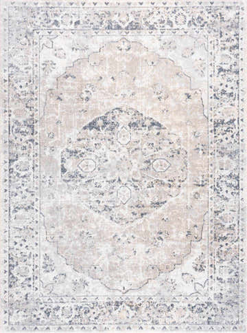 Close-up of the Rudo Flat Pile Washable Rug, featuring a vintage oriental design in nutmeg, gray, and blue tones. Design-Rectangle-5373