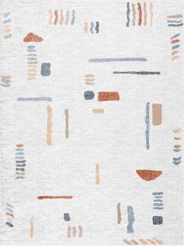 Close-up of Arnon Modern Washable Rug. Bone rug with copper, dark gray, and driftwood abstract geometric pattern. Design-Rectangle-5373