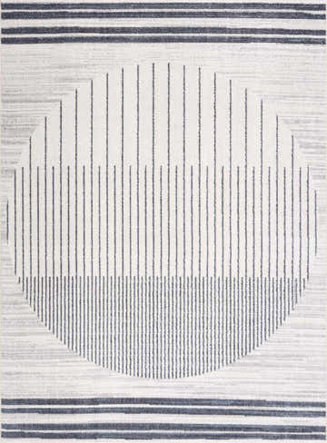 Close-up of the Thad Medium Gray Washable Area Rug featuring a geometric pattern with bone, gray, and dark gray stripes. Design-Rectangle-5373