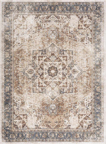 Close-up of a Heritage Style Flat Pile Washable Rug. Features a traditional, vintage design in dark blue, rust, and off-white tones. Design-Rectangle-5373