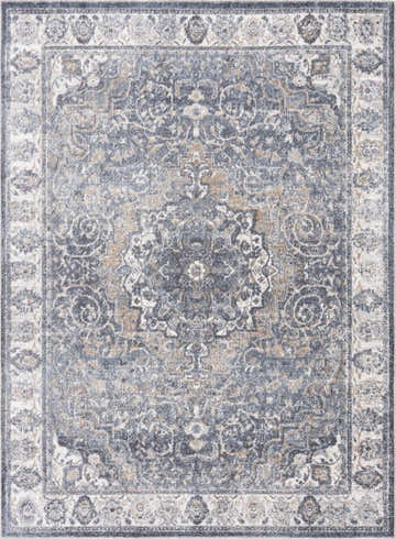 Close-up of Aurum Blue Washable Area Rug. Traditional design with charcoal, gray, brown, and natural tones. Machine woven texture. Design-Rectangle-5373