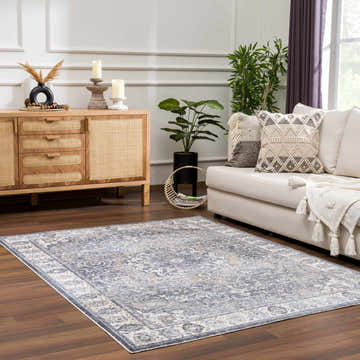 Living room scene with Aurum Blue Washable Area Rug, sofa, wood cabinet, plants, and neutral decor. Farmhouse style. Roomscene-Rectangle