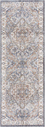Close-up of the Aurum Blue & Beige Washable Area Rug. Features a traditional pattern in gray, beige, and rust tones. Design-Runner-2773