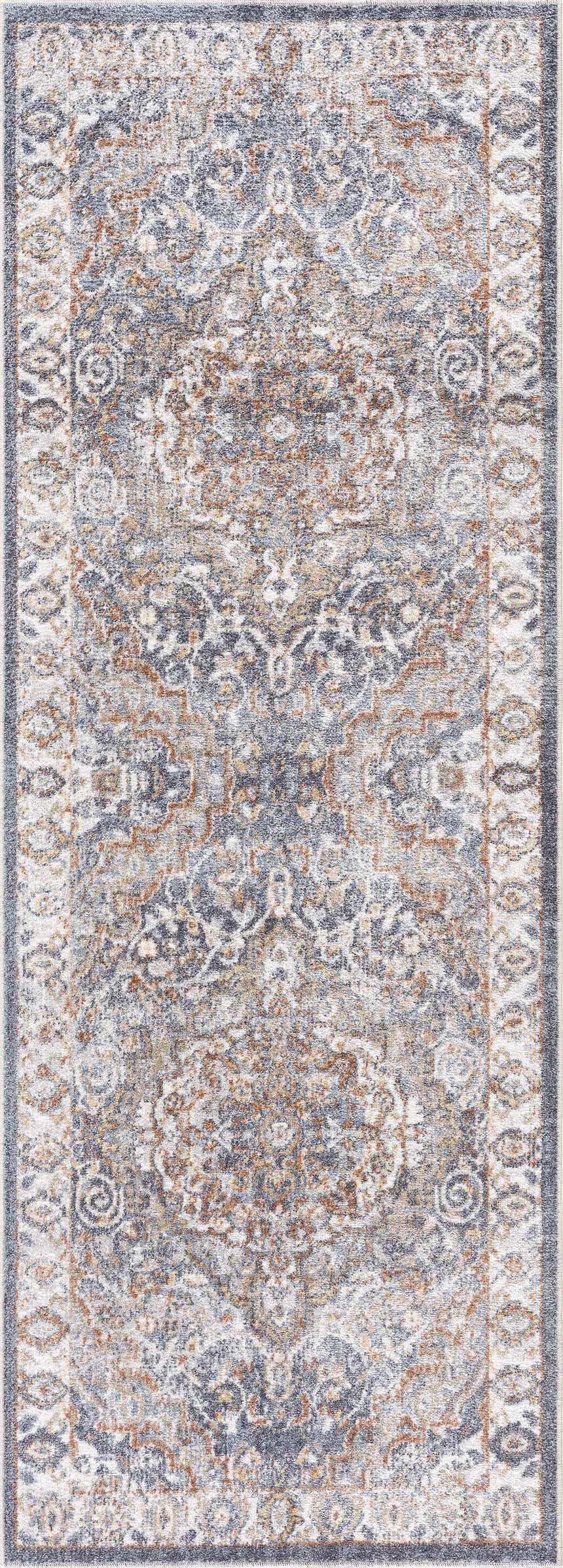 Close-up of the Aurum Blue & Beige Washable Area Rug. Features a traditional pattern in gray, beige, and rust tones. Design-Runner-2773