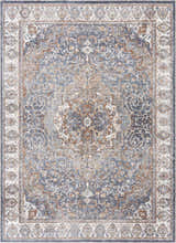 Detailed Aurum Blue & Beige Washable Area Rug featuring a traditional, ornate design with blue, beige, and gray tones. Design-Rectangle-5373