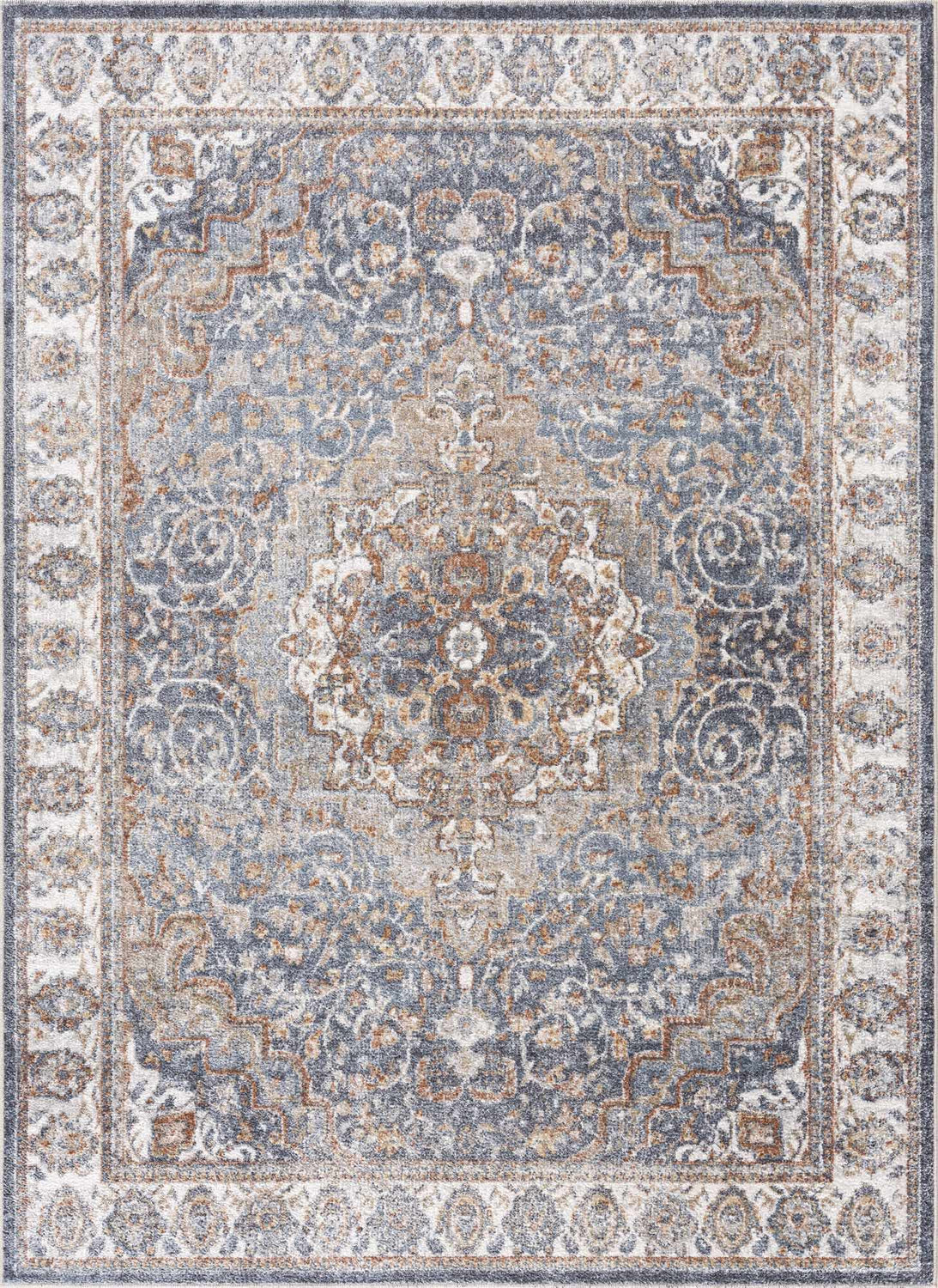Detailed Aurum Blue & Beige Washable Area Rug featuring a traditional, ornate design with blue, beige, and gray tones. Design-Rectangle-5373