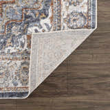 Close-up of Aurum Blue & Beige Washable Area Rug showing the traditional pattern, colors, texture, and rug backing. Fold