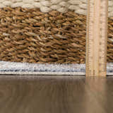 Close-up of Aurum Blue & Beige Washable Area Rug showing texture, design, and pile height with a ruler for scale. Pile
