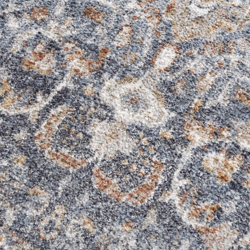 Close-up of Aurum Blue & Beige Washable Area Rug, featuring a traditional pattern with blue, beige, and rust colors. Soft texture. Texture