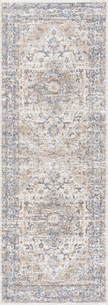 Close-up of the Ezri Cream Washable Area Rug with a traditional oriental pattern in shades of cream, blue, tan, and rust. Design-Runner-2710