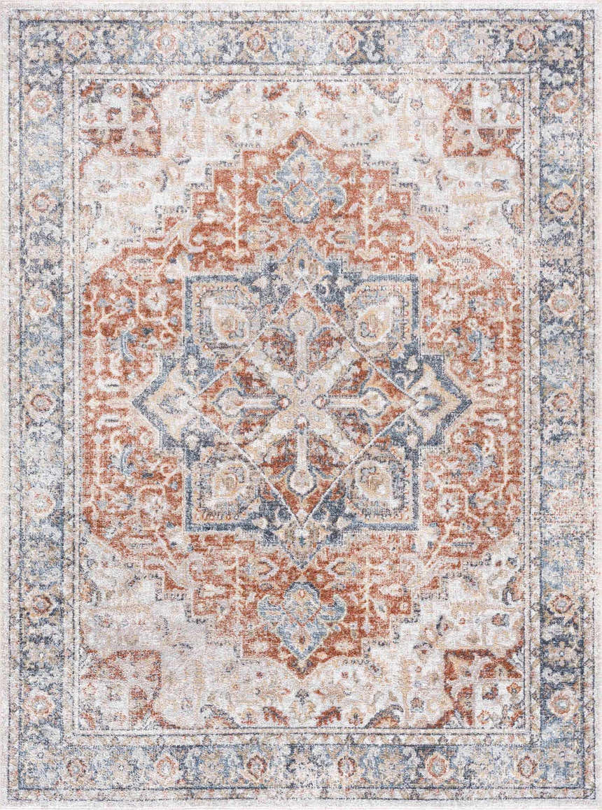 Detailed Neta Red & Blue Washable Rug. Flat pile rug with traditional oriental design in nutmeg, driftwood, and multi brown hues. Design-Rectangle-5373