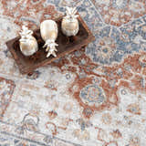 Close-up of the Neta Red & Blue Flat Pile Washable Rug. Oriental pattern in driftwood, nutmeg, and blue. Farmhouse style. Styleshot