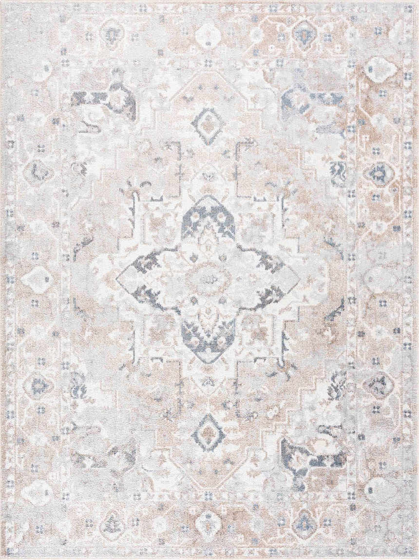 Close-up of Dobry Boutique Washable Rug. Machine-woven polyester rug in blue, off-white, and tan with a vintage oriental pattern. Design-Rectangle-5373