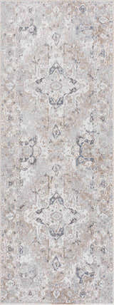 Close-up of the Dobry Boutique Washable Rug with a vintage oriental pattern in blue, off-white, and tan hues. Design-Runner-2773