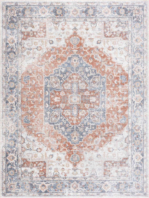 Close-up of the Akram Gray & Orange Washable Area Rug, showcasing its traditional vintage design and distressed texture. Design-Rectangle-46