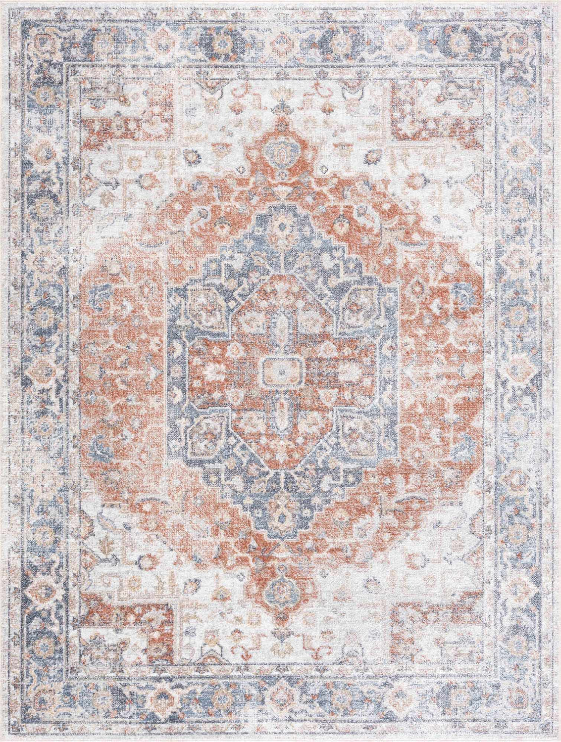 Close-up of the Akram Gray & Orange Washable Area Rug, showcasing its traditional vintage design and distressed texture. Design-Rectangle-46