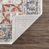 Close-up of Akram Gray & Orange Washable Area Rug showing the traditional vintage pattern and rug backing. Fold