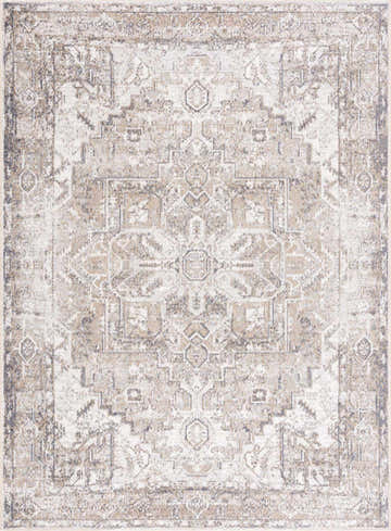 Close-up of the Hera Flat Pile Washable Rug, showcasing its traditional vintage pattern in cream, tan, and brown hues. Design-Rectangle-537
