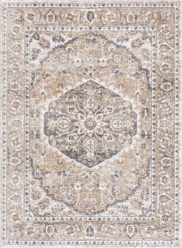 Detailed beige Hiti Washable Rug with a traditional vintage design and floral medallion pattern. Design-Rectangle-537