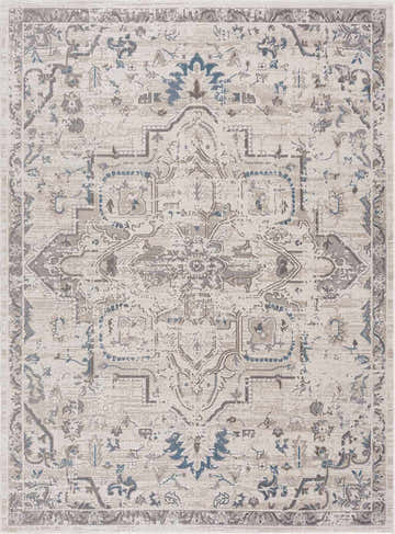 Detailed view of the Cabacungan Cream Washable Area Rug featuring blue, brown, and gray traditional patterns. Design-Rectangle-537