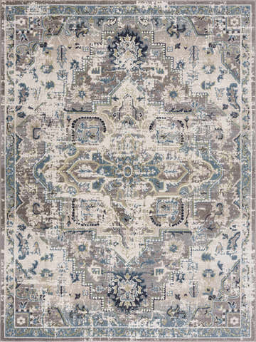 Detailed pattern of the Cabacungan Gray & Blue Washable Area Rug. Vintage style with floral and geometric designs in blue, gray, and cream. Design-Rectangle-537