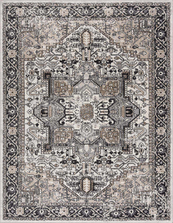 Close-up of the Cabacungan Washable Area Rug. Bohemian style rug in black, gray, beige and taupe with a traditional, vintage pattern. Design-Rectangle-537