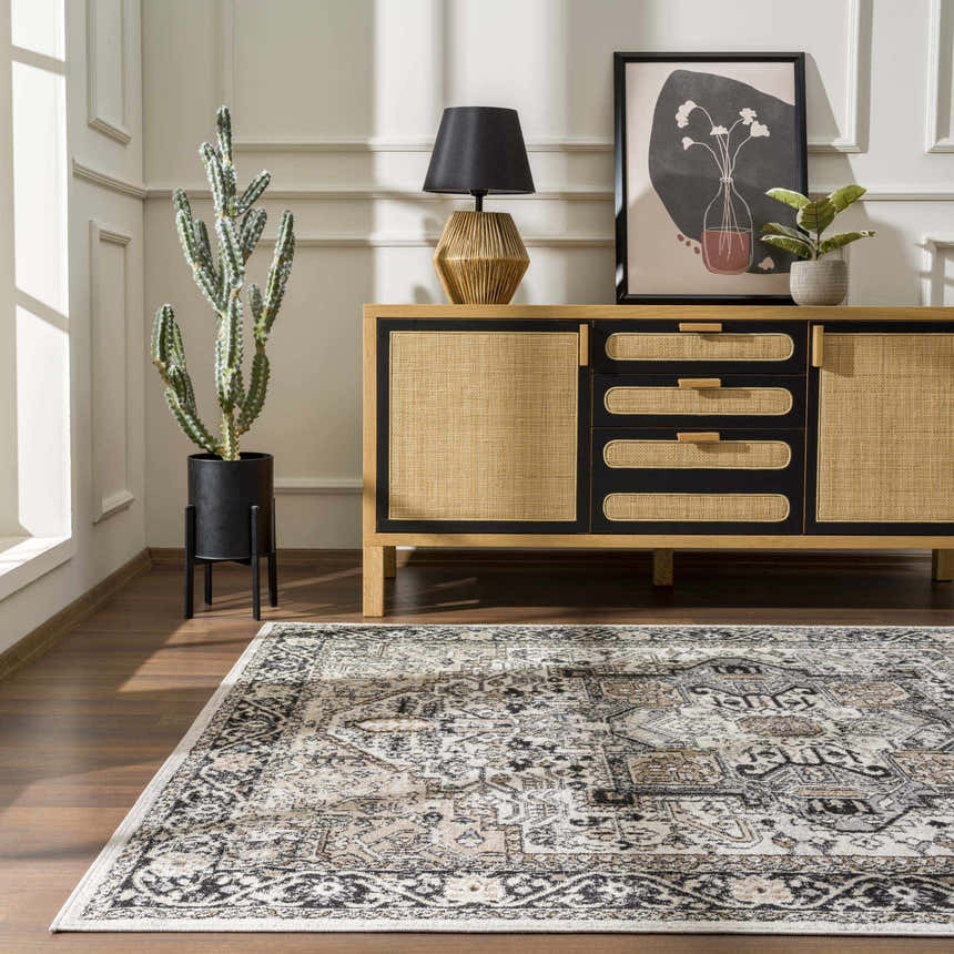Living room scene with a black, gray, and beige Cabacungan Washable Area Rug, wood floors, and a modern cabinet. Roomscene-Rectangle