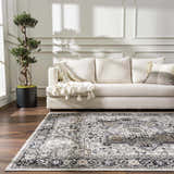 Living room scene with a black, gray, and beige Cabacungan Washable Area Rug under a cream sofa and a potted tree. Roomscene-Rectangle