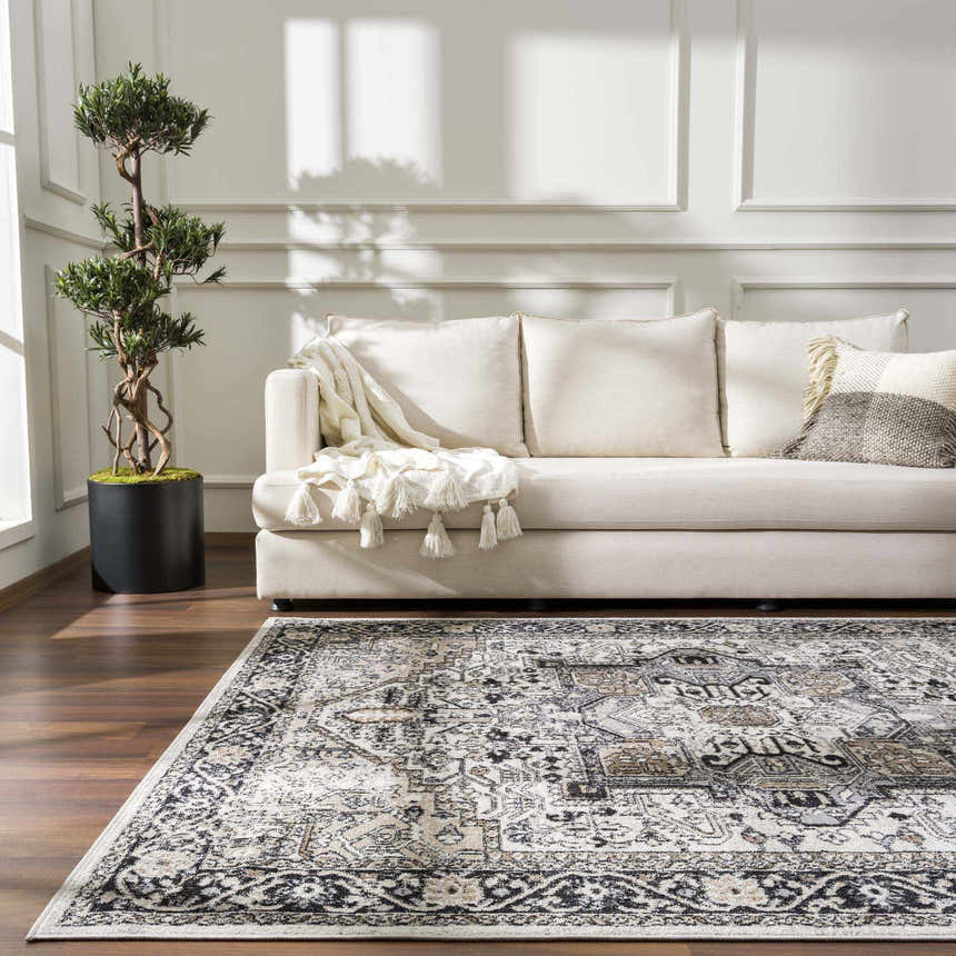 Living room scene with a black, gray, and beige Cabacungan Washable Area Rug under a cream sofa and a potted tree. Roomscene-Rectangle